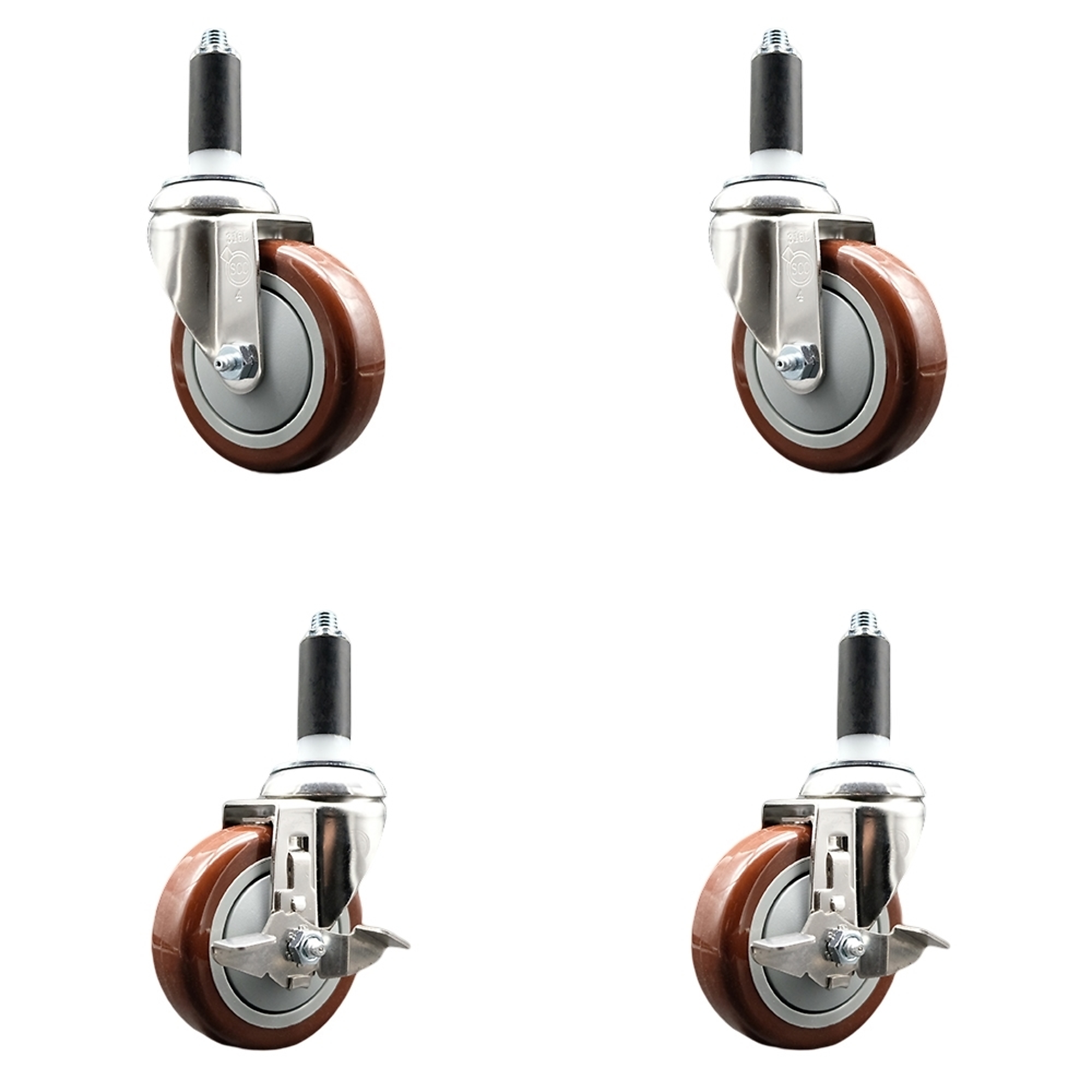Service Caster, 4in. x 1 1/4in. Stem Casters, Wheel Diameter 4 in, Caster Type Swivel, Package (qty.) 4, Model# SCC-SS316EX20S414-PPUB-MRN-2-TLB-2-1